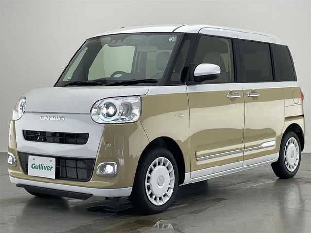 ダイハツ ムーヴ キャンバス ストライプス G ターボ 愛知県 2024(令6)年 0.1万km シャイニングホワイトパール/サンドベージュメタリック 純正ナビ　フルセグＴＶ　Ｂｌｕｅｔｏｏｔｈ　バックカメラ　スマートアシスト３　両側電動スライドドア　保温機能ホルダー　シートヒーター　追従クルコン　衝突軽減　アイドリングストップ　スマートキー　禁煙車