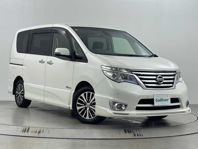 日産 セレナ HWS S HV Vセレ +Sefty 埼玉県 2015(平27)年 7.1万km ブリリアントホワイトパール 純正フリップダウンモニター/純正ナビ　(Bluetooth/HDMI/USB/CD/DVD/AUX/iPod/VTR)/フルセグテレビ/アラウンドビューモニター/両側パワースライドドア/ビルトインETC/クルーズコントロール/衝突被害軽減ブレーキ/車線逸脱警報/クリアランスソナー/プッシュスタート/フロアマット/オートLEDライト/純正16インチアルミホイール