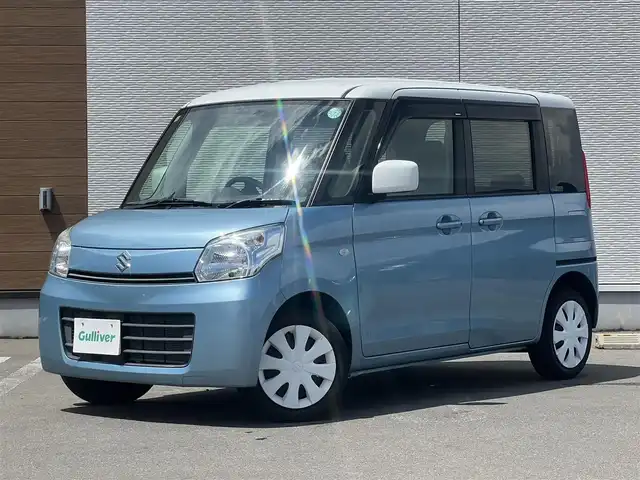 スズキ スペーシア X 秋田県 2014(平26)年 6.7万km フィズブルーパールメタリック/ホワイト ４WD/社外オーディオ（AM/FM/CD)/片側パワースライドドア/スマートキー/アイドリングストップ/プッシュスタート/運転席シートヒーター/ビルトインETC/純正フロアマット/純正ドアバイザー/オートエアコン/パワーステアリング/パワーウィンドウ/ヘッドライトレベライザー/盗難防止装置/電動格納ミラー/キーレスエントリー/保証書/取扱説明書/記録簿