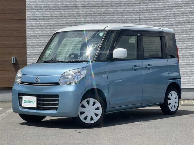 スズキ スペーシア X 秋田県 2014(平26)年 6.7万km フィズブルーパールメタリック/ホワイト ４WD/社外オーディオ（AM/FM/CD)/片側パワースライドドア/スマートキー/アイドリングストップ/プッシュスタート/運転席シートヒーター/ビルトインETC/純正フロアマット/純正ドアバイザー/オートエアコン/パワーステアリング/パワーウィンドウ/ヘッドライトレベライザー/盗難防止装置/電動格納ミラー/キーレスエントリー/保証書/取扱説明書/記録簿