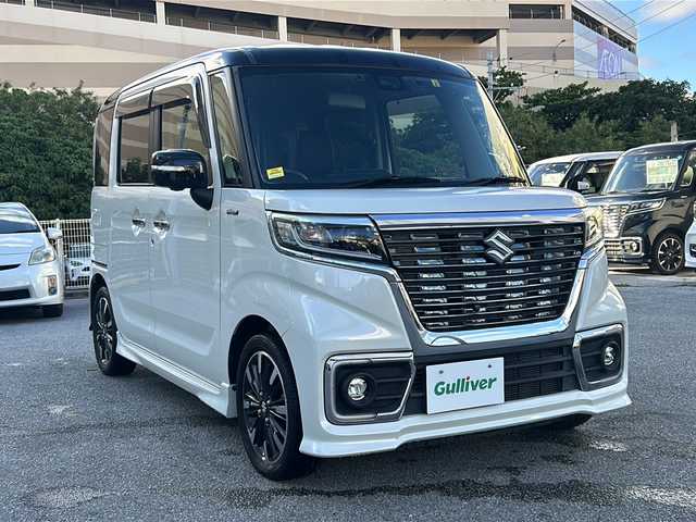 スズキ スペーシア カスタム HYBRID XS 沖縄県 2018(平30)年 4.6万km ピュアホワイトパール/ブラック2トーン スズキセーフティサポート　/純正８型ナビ　/　（ＡＭ／ＦＭ／ＣＤ／ＤＶＤ/BT)/フルセグＴＶ　/全周囲カメラ　/両側パワスラ　/ヘッドアップディスプレイ　/純正１５インチＡＷ　/ドラレコ　/ハーフレザーシート/シートヒーター/純正フロアマット/LEDヘッドライト/オートライト/ETC