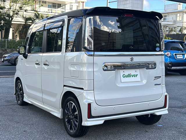 スズキ スペーシア カスタム HYBRID XS 沖縄県 2018(平30)年 4.6万km ピュアホワイトパール/ブラック2トーン スズキセーフティサポート　/純正８型ナビ　/　（ＡＭ／ＦＭ／ＣＤ／ＤＶＤ/BT)/フルセグＴＶ　/全周囲カメラ　/両側パワスラ　/ヘッドアップディスプレイ　/純正１５インチＡＷ　/ドラレコ　/ハーフレザーシート/シートヒーター/純正フロアマット/LEDヘッドライト/オートライト/ETC