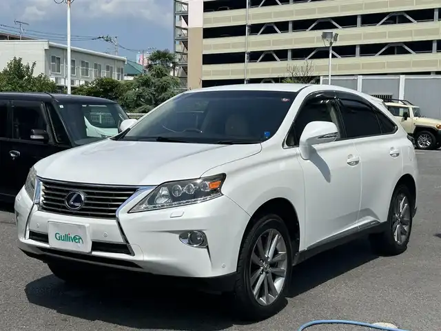 レクサス ＲＸ 450h バージョンL エアサス 静岡県 2013(平25)年 6.5万km ホワイトパールクリスタルシャイン ユーザー買取車両/純正MOPナビ/　【CD/DVD/BT/地デジフルセグTV】/3眼LEDヘッドライト/純正19インチAW/社外テールランプ（純正テールランプ積込）/エアーサスペンション/ベージュレザーシート/シートヒーター/ベンチレーション/ステアリングヒーター/バックカメラ/ウッドコンビステアリング/パワーバックドア/パワーシート/ビルトインETC2.0/新車時保証書/取扱説明書