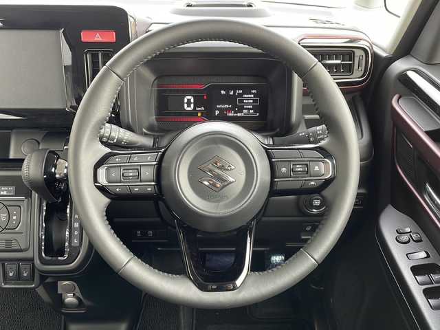 スズキ スペーシア カスタム HYBRID XS 山口県 2023(令5)年 0.1万km ブルーイッシュブラックパール3 両側パワースライドドア/プッシュスタート/スマートキー（スペアキー有）/シートヒーター（運転席＋助手席）/ステアリングヒーター/ヘッドアップディスプレイ/USB入力端子×２/オートエアコン/オートライト/LEDヘッドライト/フォグライト/サーキュレーター/アームレストコンソールボックス/助手席シートアンダーボックス/電動格納ミラー/スズキセーフティサポート/・デュアルセンサーブレーキサポート/・誤発進抑制機能/・車線逸脱抑制機能/・ふらつき警報/・車線維持支援機能/・発進お知らせ機能/・標識認識機能/・アダプティブクルーズコントロール/・低速時ブレーキサポート/・後方誤発進抑制機能