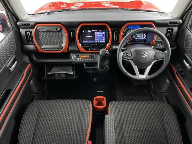 スズキ ハスラー HYBRID X 愛知県 2020(令2)年 5.9万km バーミリオンオレンジ/ガンメタリック2トーン 8インチナビ/（AM/FM/フルセグ/BT/CD/DVD）/バックカメラ/スズキセーフティサポート/・衝突軽減ブレーキ/・クリアランスソナー/・レーンキープアシスト/前方ドライブレコーダー/ETC/シートヒーター/純正15インチアルミホイール/スマートキー/スペアキー有/LEDヘッドライト/フロントフォグライト/革巻きステアリング/ドアバイザー/電動格納ミラー/横滑り防止装置