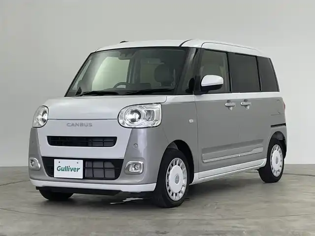 ダイハツ ムーヴ キャンバス ストライプス G 群馬県 2023(令5)年 0.1千km シャイニングホワイトパール/スムーズグレーマイカメタリック 届出済使用車　スマートアシスト　衝突軽減　オートハイビーム　両側パワースライド　シートヒーター　ホットカップホルダー　電子パーキング　コーナーセンサー　ＬＥＤヘッド　ＬＥＤフォグ　プッシュスタート
