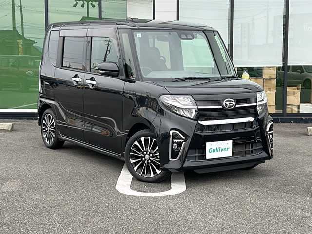 ダイハツ タント カスタム RS 岐阜県 2019(令1)年 4.4万km ブラックマイカメタリック 登録時走行距離43172km/純正９インチナビ/両側パワースライドドア/バックカメラ/プッシュスタート/スマートキー/スペアキー/ＬＥＤヘッドライト/フォグランプ/オートライト/ドライブレコーダー/前後コーナーセンサー/禁煙車/ハーフレザーシート/シートヒーター/ビルトインETC/純正15インチアルミホイール/純正フロアマット/後席サンシェード/ドアバイザー/衝突被害軽減システム