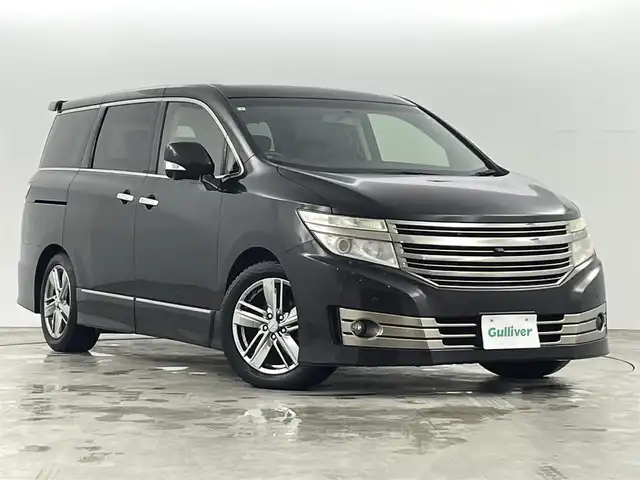 日産 エルグランド ライダー ブラックライン黒本革 パワーシート 福島県 2013(平25)年 14万km ファントムブラック BOSEサウンド/サイドエアロ/フリップダウンモニター/コーナーセンサー/純正8インチマルチナビ/・フルセグ/TV/HDD/BT/CD/DVD/FM/AM/全方位カメラ/両側パワースライドドア/LEDオートライト/・フォグランプ/レザーシート/・パワーシート/・シートヒーター/・ウォークスルー/・サンシェード/社外18インチアルミホイール付きスタッドレスタイヤ/ETC/革ステアリング/・ステアリングスイッチ/ウィンカーミラー/AC100V/プッシュスタート/・スマートキー