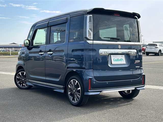 スズキ スペーシア カスタム HYBRID XS ターボ 佐賀県 2023(令5)年 3.2万km インディゴブルーメタリック/ブラック 社外メモリーナビゲーション/・フルセグTV/CD/DVD/SD/Bluetooth/バックカメラ/ビルトインETC/ヘッドアップディスプレイ/両側パワースライドドア/天井サーキュレーター/ハーフレザーシート/D席シートヒーター/後席サンシェード/ISOFIX対応/パドルシフト/革巻きステアリング/ステアリングリモコン/純正15インチアルミホイール/純正LEDヘッドライト/・オートマチックハイビーム/純正LEDフォグランプ/ドアバイザ―/新車保証書/取扱説明書/スペアキー１本/アダプティブクルーズコントロール/デュアルカメラブレーキサポート/車線逸脱警報機能/パーキングセンサー