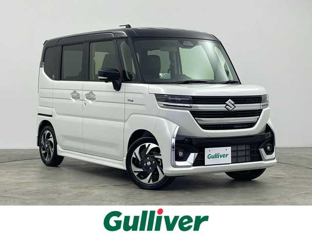 スズキ スペーシア カスタム HYBRID XS 群馬県 2025(令7)年 0.1千km ピュアホワイトパール/ブラック2トーン 届出済未使用車　スズキコネクトナビ　全方位モニター　両側パワースライドドア　レーダークルーズコントロール　後席サーキュレーター　ハイビームアシスト　シートヒーター　純正１５インチＡＷ　スマートキー