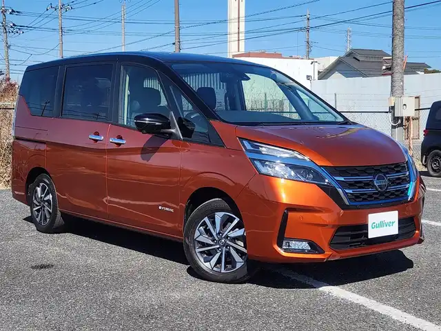 日産 セレナ e－パワー G 山形県 2019(令1)年 5.4万km サンライズオレンジ/ダイヤモンドブラック ○純正10インチナビ/○フルセグTV/○バックカメラ/〇インテリジェントアラウンドビューモニター/〇パワースライドドア（両側）/○ビルトインETC/○ドライブレコーダー/○インテリジェントルームミラー/○全方位運転支援システム/○インテリジェントエマージェンシーブレーキ/○セーフティパックA/○純正16インチアルミホイール/○LEDヘッドランプ/○オートライト/○フォグランプ/〇シートヒーター/○革巻きステアリングホイール/○ステアリングヒーター/○インテリジェントキー/〇禁煙車