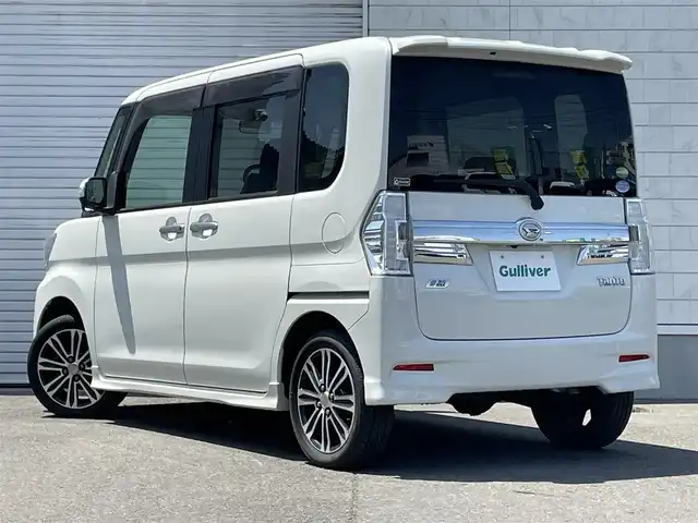 ダイハツ タント カスタム RS SA 道東・釧路十勝 2014(平26)年 8.1万km パールホワイトⅢ 4WD/純正ナビ/(AM FM CD DVD BT フルセグTV)/バックカメラ/両側パワースライドドア/衝突軽減ブレーキ/スマートアシスト/プッシュスタート/スマートキー/ドアバイザー/フロアマット/革巻きステアリング