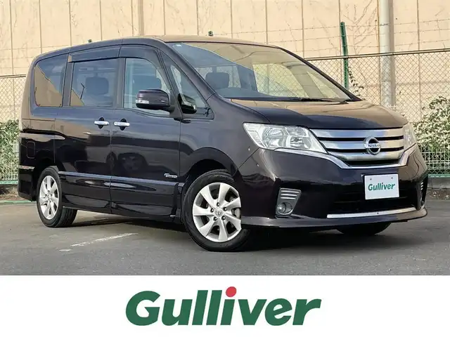 日産 セレナ ハイウェイスター Sハイブリッド 東京都 2013(平25)年 4.9万km オーロラモーヴ 純正ナビ（MM112-W）/CD/AM/FM/SD/iPod/TV/AUX/バックカメラ/左側パワースライドドア/クルーズコントロール/前後ドライブレコーダー（WHSR-510)/純正16インチAW/プッシュスタート/スマートキー