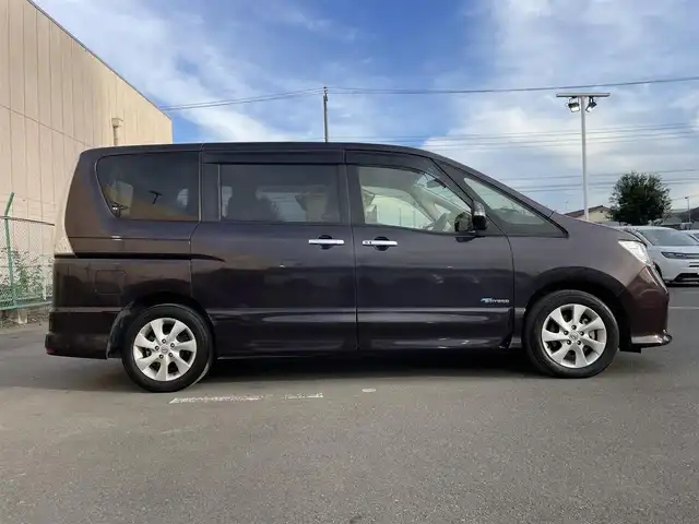 日産 セレナ ハイウェイスター Sハイブリッド 東京都 2013(平25)年 4.9万km オーロラモーヴ 純正ナビ（MM112-W）/CD/AM/FM/SD/iPod/TV/AUX/バックカメラ/左側パワースライドドア/クルーズコントロール/前後ドライブレコーダー（WHSR-510)/純正16インチAW/プッシュスタート/スマートキー