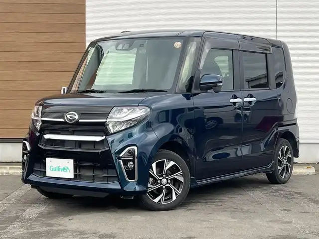 ダイハツ タント カスタム X 秋田県 2021(令3)年 5.4万km レーザーブルークリスタルシャイン ４WD/衝突軽減システム/LEDヘッドライト/両側パワースライドドア/純正ディスプレイオーディオ（DVD/CD/BT/AM/FM/USB）/バックカメラ/ダイハツ純正１４インチアルミ（夏タイヤ装着）/スマートキー/アイドリングストップ/プッシュスタート/コーナーセンサー/レーンキープアシスト/オートマチックハイビーム/ステアリングスイッチ/前席シートヒーター/ドライブレコーダー/純正フロアマット/純正ドアバイザー/オートライト/オートエアコン/パワーステアリング/パワーウィンドウ/横滑り防止/盗難防止装置/寒冷地仕様/電動格納ウィンカーミラー