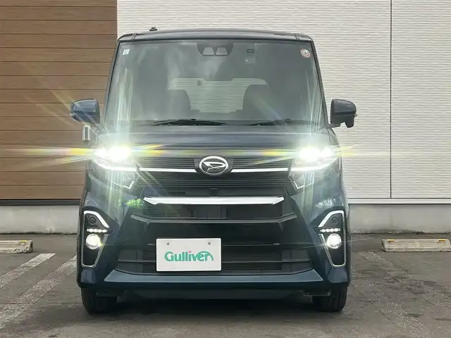 ダイハツ タント カスタム X 秋田県 2021(令3)年 5.4万km レーザーブルークリスタルシャイン ４WD/衝突軽減システム/LEDヘッドライト/両側パワースライドドア/純正ディスプレイオーディオ（DVD/CD/BT/AM/FM/USB）/バックカメラ/ダイハツ純正１４インチアルミ（夏タイヤ装着）/スマートキー/アイドリングストップ/プッシュスタート/コーナーセンサー/レーンキープアシスト/オートマチックハイビーム/ステアリングスイッチ/前席シートヒーター/ドライブレコーダー/純正フロアマット/純正ドアバイザー/オートライト/オートエアコン/パワーステアリング/パワーウィンドウ/横滑り防止/盗難防止装置/寒冷地仕様/電動格納ウィンカーミラー