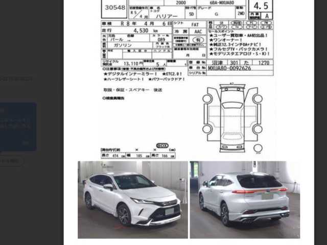 トヨタ ハリアー G 茨城県 2023(令5)年 0.5万km プラチナホワイトパールマイカ ワンオーナー/純正ナビ12.3インチナビ/保証書/取扱説明書/スペアキー/デジタルインナーミラー/ハーフレザーシート/フルセグTV/バックカメラ/LEDライト/オートライト/オートマチックハイビーム/電動リアゲート/左右独立式エアコン/モデリスタフルエアロ（前横後）/コーナーセンサー