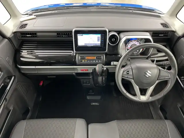 スズキ スペーシア カスタム HYBRID XS 愛知県 2018(平30)年 4.3万km ブリスクブルーM 純正7インチＳＤナビ(KXM-E503W)/フルセグ/ＣＤ/ＤＶＤ/Ｂｌｕｅｔｏｏｔｈ　/バックカメラ/ドライブレコーダー　/両側パワースライドドア　　/衝突軽減ブレーキ　/レーンキープアシスト　/ハーフレザーシート　/運転席シートヒーター/LEDヘッドライト/純正15インチアルミホイール/革巻きステアリング/リアスリムサーキュレーター/パーソナルテーブルリア左右/スマートキー