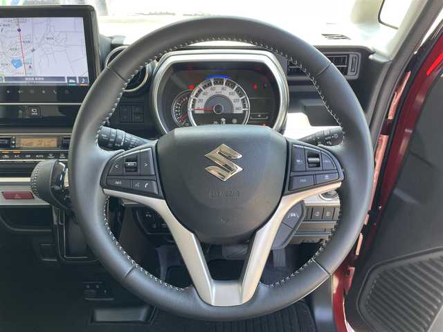 スズキ スペーシア カスタム HYBRID XS 滋賀県 2022(令4)年 2万km フェニックスレッドパール/ブルーイッシュブラックパール 純正9型ナビ/CD/DVD/Bluetooth/フルセグTV/全方位カメラ/両側パワースライドドア/ハーフレザーシート/シートヒーター/プッシュスタート/スマートキー/後方ソナー/LEDヘッドライト/純正アルミホイール