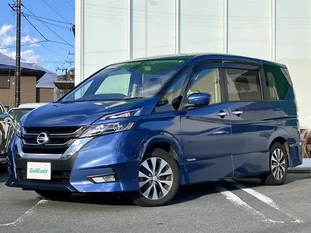 日産 セレナ ハイウェイスター プロパイロットED 静岡県 2017(平29)年 8.3万km シャイニングブルー 純正9インチナビ（CD/DVD/BT/フルセグ）/バックカメラ/プロパイロット/エンジンスタートボタン/パワーステアリング/パワーウィンドウ/スマートキー/スペアキー/Ｗオートエアコン/レーダークルーズコントロール/後席モニター/USB入力端子/ETC/ドライブレコーダー/純正フロアマット/布シート/両側パワースライドドア/純正アルミホイール/ABS/横滑り防止装置/コーナーセンサー前後/レーンキープアシスト/盗難防止装置/オートライト/W+サイドエアバッグ/衝突軽減システム