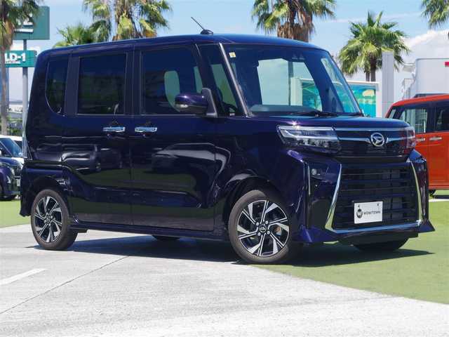 ダイハツ タント カスタム X 千葉県 2023(令5)年 0.1万km未満 クールバイオレットクリスタルシャイン スマートアシストIII/エコアイドル/両側パワースライドドア/純正メモリーナビ/地デジTV/【DVD/CD再生機能　Bluetooth接続】/バックカメラ/ハーフレザーシート/前席シートヒーター/LEDヘッドライト/フォグライト/ウインカーミラー/コーナーセンサー/純正14インチアルミホイル/キーフリーシステム