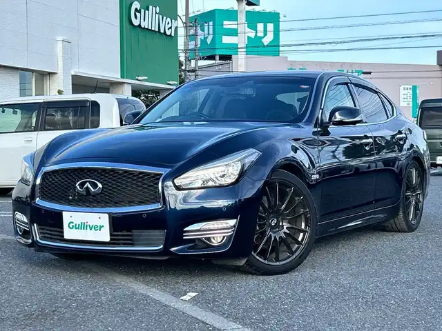 日産 フーガ ハイブリッド VIP 千葉県 2015(平27)年 8万km ダークブルー レザーシート　ナビ　全方位カメラ　ＣＤ　ＴＶ　ＥＴＣ　追従クルコン　後方検知　電動シート　エアーシート　シートヒーター　電動トランク　２０ＡＷ　純正ＡＷ車載 スマートキー インフィニティエンブレム