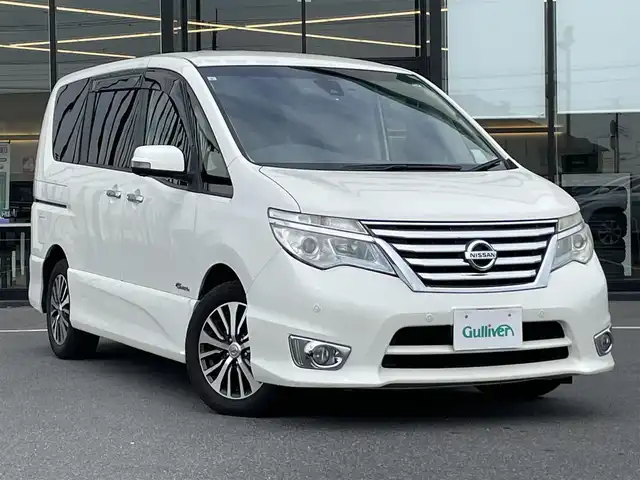 日産 セレナ HWS S HV Vセレ +SeftyⅡ 茨城県 2015(平27)年 6.1万km ブリリアントホワイトパール 純正ナビ/MC315D-W/クルコン/ETC/両側パワスラ/前後ドラレコ/前後コーナーセンサー/アイドリングストップ/オートライト/Fフォグ/LEDライト/純正フロアマット/純正アルミホイール/横滑り防止装置/レーンキープアシスト/衝突被害軽減システム/シートバックテーブル/ロールサンシェード