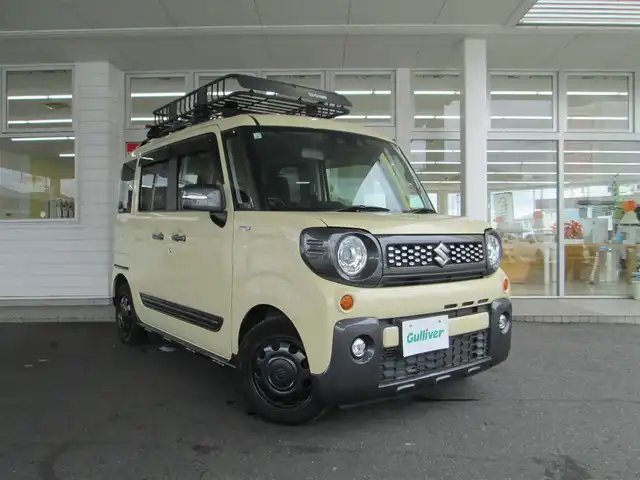 スズキ スペーシア ギア HYBRID XZ 千葉県 2021(令3)年 3.4万km シフォンアイボリーM ワンオーナー/純正SDナビ、フルセグTV/バックカメラ/オーディオ【CD/DVD/BT/SD/USB】/両側パワースライドドア/デュアルカメラブレーキサポート/LEDヘッドライト&LEDフォグ/社外ルーフラック&ルーフキャリア/アダプティブクルーズコントロール/リアコーナーセンサー/革巻きステアリング/前席シートヒーター/スマートキー/TVキット&ETC/令和4、5、6年ディーラー記録簿有