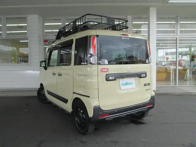 スズキ スペーシア ギア HYBRID XZ 千葉県 2021(令3)年 3.4万km シフォンアイボリーM ワンオーナー/純正SDナビ、フルセグTV/バックカメラ/オーディオ【CD/DVD/BT/SD/USB】/両側パワースライドドア/デュアルカメラブレーキサポート/LEDヘッドライト&LEDフォグ/社外ルーフラック&ルーフキャリア/アダプティブクルーズコントロール/リアコーナーセンサー/革巻きステアリング/前席シートヒーター/スマートキー/TVキット&ETC/令和4、5、6年ディーラー記録簿有