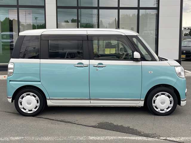 ダイハツ ムーヴ キャンバス G メイクアップ リミテッド　SAⅢ 道東・釧路十勝 2019(平31)年 5.8万km パールホワイトⅢ/ファインミントメタリック 2トーン ・４WD/・純正メモリナビ/（ＢＴ　ＣＤ　ＤＶＤ　ＵＳＢ）/・全方位カメラ　　/・両側パワースライドドア/・衝突被害軽減ブレーキ/・横滑り防止装置　/・オートライト/・オートマチックハイビーム/・ＬＥＤヘッドライト/・ＥＴＣ　/・運転席シートヒーター/・スマートキー/・プッシュスタート/・純正フロアマット/・テレビキャンセラー/・フロントワイパーデアイサー