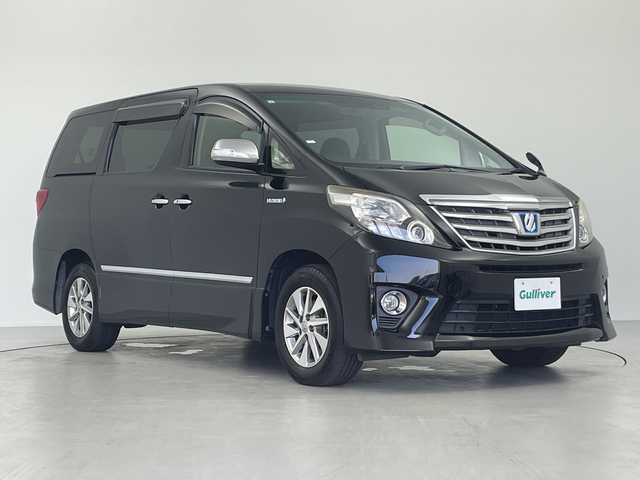 トヨタ アルファードハイブリット SR 岐阜県 2013(平25)年 7.3万km ブラック 社外ナビ/AM/FM/CD/SD/フルセグTV/Bluetooth接続/ALPINE後席モニター/両側パワースライドドア/アイドリングストップ/レーダークルーズコントロール/衝突軽減ブレーキ/横滑り防止装置/盗難防止装置/コーナーセンサー/オートライト/パワーシート/プッシュスタート/スマートキー/スペアキー（1本）/取扱説明書/保証書/ウッドコンビパネル/ステアリング/ドアバイザー/純正アルミホイール/社外アルミぺダル/社外フロアマット/全席オートパワーウィンドウ/運転席＋助手席パワーシート/ETC