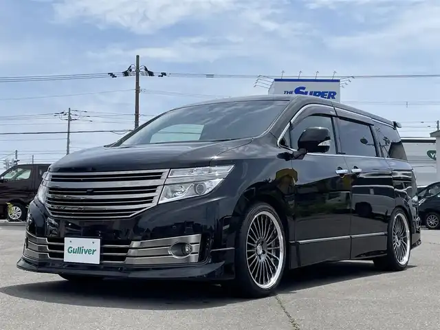 日産 エルグランド ライダー ブラックライン黒本革シート 道央・札幌 2012(平24)年 7.8万km ファントムブラック 登録時走行距離 77976km/　4　W　D　/寒冷地仕様/メーカーOPナビ/(AM/FM/CD/DVD/HDD/AUX)/フルセグTV/バックカメラ/サイドカメラ/全方位カメラ/ETC/純正エンジンスターター/前方ドライブレコーダー/両側パワースライドドア/パワーバックドア/黒本革シート/シートヒーター/運転席パワーシート/シートメモリ/ステアリングスイッチ連動/TEIN車高調/WORK20インチ装着/純正フロントスポイラー/純正リアルーフスポイラー/ライダー純正マフラー/ライダー純正ドアバイザー/純正フロアマット/AC100V/オーテック18インチ付冬タイヤ積み込み/225/55R18 2017年製 8mm
