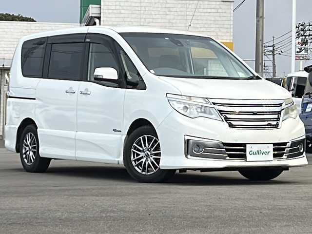 日産 セレナ ライダー S HV Aセーフティ 山口県 2014(平26)年 8.2万km ブリリアントホワイトパール 〇純正ナビ/〇全方位カメラ　/〇フリップダウンモニター　/〇クルーズコントロール　/〇ドライブレコーダー　/〇ＥＴＣ　/〇バックカメラ　/〇両側パワースライドドア　/〇アイドリングストップ　/〇社外１５インチアルミホイール/〇衝突軽減ブレーキ
