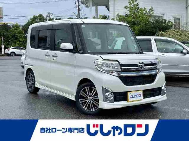 ダイハツ タント カスタム RS 愛知県 2014(平26)年 10.7万km パールホワイトⅢ (株)IDOMが運営する【じしゃロン名古屋鳴海店】の自社ローン専用車両になりますこちらは現金またはオートローンご利用時の価格です。自社ローンご希望の方は別途その旨お申付け下さい/登録時走行距離106679km/社外SDナビ/AM・FM・CD・DVD・Bluetooth/両側パワースライドドア/プッシュスタート/ETC/スマートキー/スペアキーあり/フルフラットシート/スタッドレスタイヤ（4本）/フォグランプ/後席サンシェード/純正フロアマット/純正アルミホイール/ハンドルカバー/ドアバイザー