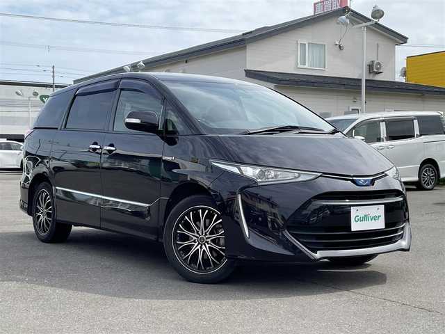 トヨタ エスティマ ハイブリッド アエラス 道央・札幌 2017(平29)年 12.5万km スパークリングブラックパールクリスタルシャイン 登録時走行距離 124877km/　4　W　D　/寒冷地仕様/Toyota Safety Sense/・プリクラッシュセーフティ/・レーダークルーズコントロール/・レーンディバーチャーアラート/・オートマチックハイビーム/純正ディーラーOP9インチナビ/(AM/FM/CD/DVD/BT)/フルセグTV/バックカメラ/両側パワースライドドア/ビルトインETC/運転席パワーシート/前方ドライブレコーダー/ロクサーニAW装着/横滑り防止装置/LEDヘッドライト/純正フロアマット/ドアバイザー
