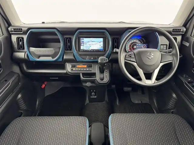 スズキ ハスラー HYBRID G 福岡県 2021(令3)年 2.7万km デニムブルー ガンメタリック 2トーン 社外ナビ（フルセグＴＶ）　/コーナーセンサー　/衝突被害軽減システム　/横滑り防止装置　/レーンキープ　/アイドリングストップ　/前席シートヒーター　/オートライト　/社外１５インチアルミホイール　/プッシュスタート