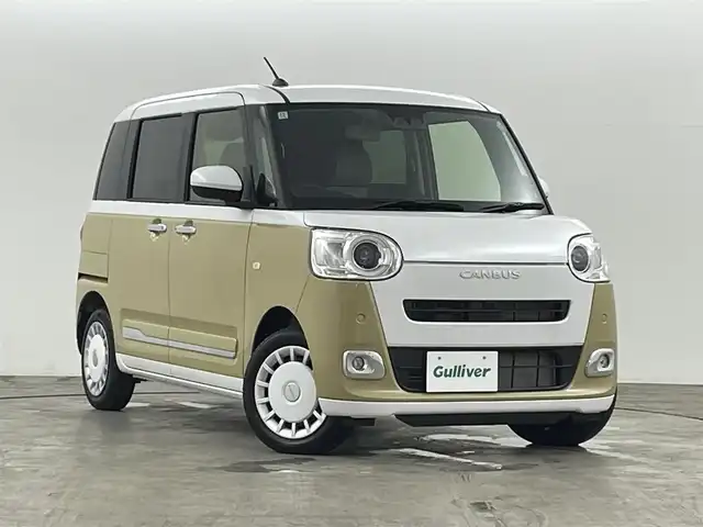 ダイハツ ムーヴ キャンバス ストライプス G 福島県 2024(令6)年 0.1千km シャイニングホワイトパール/サンドベージュメタリック スマートアシスト　/・衝突軽減/・車線逸脱警報/・オートマッチクハイビーム/・コーナーセンサー/シートヒーター　/ＬＥＤライト　/・オートライト　/・フォグライト　/プッシュスタート　/・スマートキー　/両側パワースライドドア　/電子パーキング　/・ブレーキホールド　/ホットカップホルダー　/ステアリングスイッチ/・革巻きステアリング/・チルトステアリング/保証書
