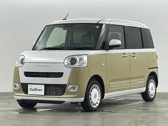 ダイハツ ムーヴ キャンバス ストライプス G 福島県 2024(令6)年 0.1千km シャイニングホワイトパール/サンドベージュメタリック スマートアシスト　/・衝突軽減/・車線逸脱警報/・オートマッチクハイビーム/・コーナーセンサー/シートヒーター　/ＬＥＤライト　/・オートライト　/・フォグライト　/プッシュスタート　/・スマートキー　/両側パワースライドドア　/電子パーキング　/・ブレーキホールド　/ホットカップホルダー　/ステアリングスイッチ/・革巻きステアリング/・チルトステアリング/保証書