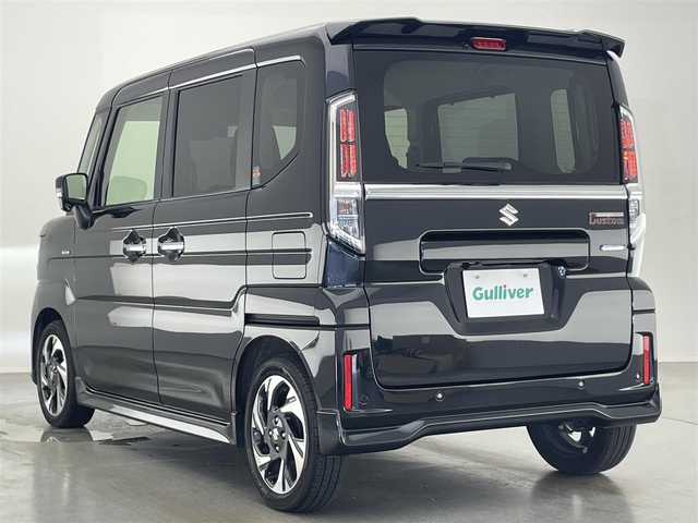 スズキ スペーシア カスタム HYBRID XS ターボ 愛知県 2023(令5)年 1.6万km ブルーイッシュブラックパール3 純９型ナビ　フルセグＴＶ　Ｂｌｕｅｔｏｏｔｈ　全方位カメラ　両側電動スライドドア　レーダークルコン　シートヒーター　デュアルブレーキサポート　ＨＵＤ　黒ハーフレザー　ＬＥＤヘッドライト　ＥＴＣ　禁煙車