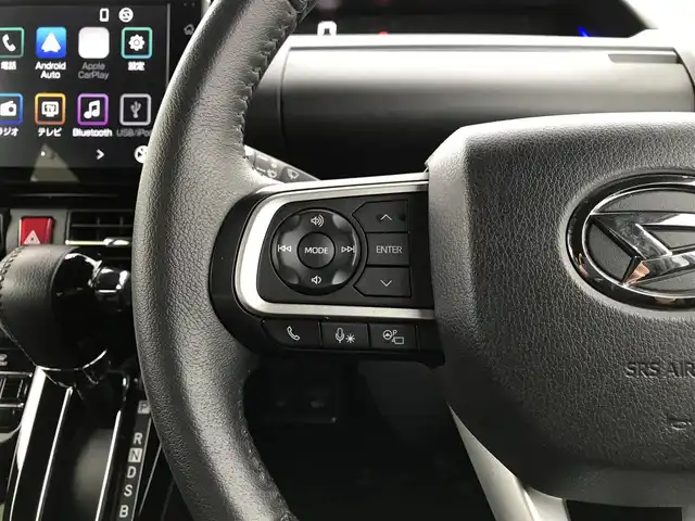 ダイハツ タント カスタム RS 鳥取県 2023(令5)年 4.8万km ブラックマイカメタリック/シャイニングホワイトパール ターボ・ツートンカラー/純正9インチDPオーディオ/フルセグ/BT/USB/パノラマモニター/ドライブレコーダー・ETC/スマートアシスト/レーンキープアシスト/クリアランスソナー/両側パワースライドドア/ハーフレザーシート/前席シートヒーター/LEDヘットライト/フォグライト/純正15インチアルミ（規格外）/プッシュエンジンスタート/アイドリングストップ/スぺアキー