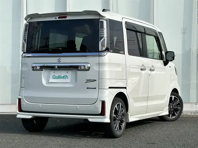 スズキ スペーシア カスタム HYBRID XS ターボ 福岡県 2022(令4)年 2.5万km ピュアホワイトP Panasonic8インチナビ/（CD/DVD/TV/AM/FM/Bluetooth）/全方位カメラ/バックカメラ/両側パワースライドドア/ヘッドアップディスプレイ/サーキュレーター/シートヒーターD席/ETC/後席サンシェード/レーダークルーズコントロール/純正15インチアルミホイール/パドルシフト/後席テーブル/クリアランスソナー/プリクラッシュ/レーンキープアリスト/横滑り防止装置/アイドリングストップ/LEDヘッドライト/ISOFIX/ドアバイザー/ステアリングスイッチ/電格ミラー/フォグランプ/スマートキー/スペアキー