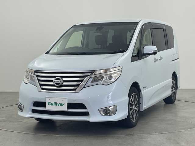 日産 セレナ HWS S HV Vセレ +Sefty Aセーフ 群馬県 2015(平27)年 6.3万km ブルームーンホワイトP 純正８型ナビ　純正１１型後席モニター　全周囲カメラ　ドラレコ　ＥＴＣ　両側電動スライドドア　衝突被害軽減ブレーキ　クルーズコントロール　革巻きステアリング　ＬＥＤライト　フォグ　スマートキー　禁煙車