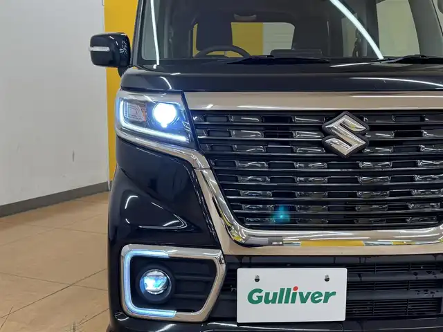 スズキ スペーシア カスタム HYBRID XS ターボ 群馬県 2021(令3)年 9万km ブルーイッシュブラックパール3 スズキセーフティサポート/・デュアルカメラブレーキサポート/・誤発進抑制機能/・後退時ブレーキサポート/・後方誤発進抑制機能/・車線逸脱警報機能/・ふらつき警報機能/・標識認識機能/・先行車発進お知らせ機能/・ハイビームアシスト/・すれ違い支援機能/・アダプティブクルーズコントロール/純正ナビ/　フルセグ/BT/CD/DVD/両側パワースライドドア/シートヒーター/ハーフレザーシート/LEDヘッドライト/フォグランプ/パドルシフト/ステアリングスイッチ/プッシュスタート/スマートキー/純正15インチAW