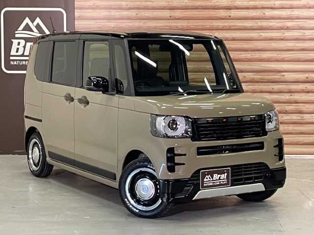 ホンダ Ｎ ＢＯＸ JOY ターボ 岩手県 2025(令7)年 0.1千km ベージュ AIS検査済み/【2507005138】/禁煙車/LEDヘッドライト/オートライト/両側パワスラ/ハーフレザーシート/スマートキー/USB入力端子/シートヒーター/AAC/障害物センサー/盗難防止装置/オートマチックハイビーム/踏み間違い防止/レーンキープアシスト/横滑り防止/衝突被害軽減ブレーキ/オートクルーズコントロール/マッドスター　ラジアル　A/T （社外）/ダムド　Angieフェイスチェンジキット（社外）/社外パーツ取付有