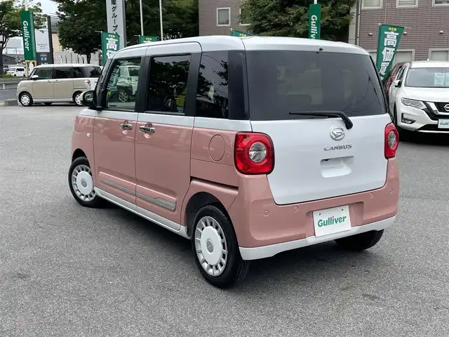 ダイハツ ムーヴ キャンバス ストライプス G ターボ 鳥取県 2022(令4)年 1.6万km シャイニングホワイトパール/アプリコットピンクメタリック スマートアシスト/純正9型ディスプレイオーディオ/・フルセグ/・Bluetooth/・HDMI/バックカメラ/両側電動スライドドア/スマートキー/プッシュスタート/レーダークルーズ/ターボ/前席シートヒーター/カップヒーター/ABS/横滑り防止装置/前後ソナー/オートライト/LEDヘッドライト/W＆サイドエアバック/カーテンエアバック