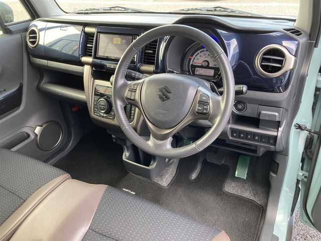スズキ ハスラー Jスタイル Ⅲ ターボ 千葉県 2018(平30)年 3.9万km オフブルーメタリック/スチールシルバー2トーン 社外メモリナビ/(CD/DVD/BT/フルセグTV)/バックカメラ/衝突被害軽減システム/車線逸脱警報/クルーズコントロール/ハーフレザーシート/横滑り防止装置/ETC/ドライブレコーダー/アイドリングストップ/HIDヘッドライト/フォグランプ/オートライト/ウィンカーミラー/電動格納ミラー/社外15インチAW/前席シートヒーター/シートリフター/ルーフキャリア/グリップマックス15インチタイヤ/プッシュスタート/スマートキー/フロアマット/ドアバイザー/スペアキー/取扱説明書/保証書