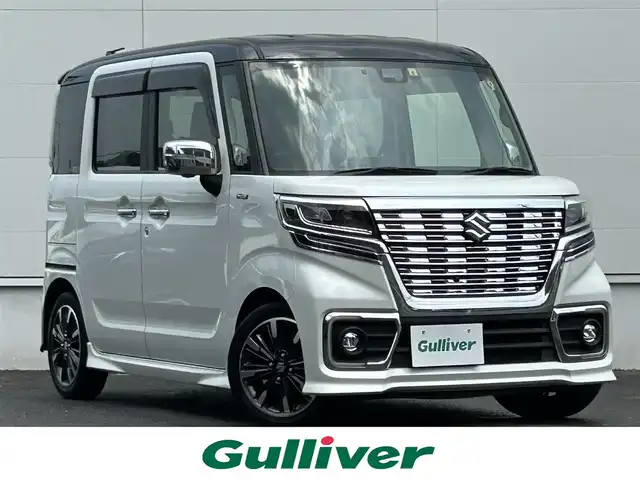スズキ スペーシア カスタム HYBRID XS ターボ 佐賀県 2020(令2)年 5.4万km ピュアホワイトパール/ブラック2トーン デュアルセンサーブレーキサポート/リアセンサー/レーダークルーズコントロール/純正8インチSDナビ/・全方位モニター/・フルセグTV/BT/CD/DVD/アルパインフリップダウンモニター/両側パワースライドドア/純正15インチAW/LEDヘッドライト/オートライト/フォグランプ/ハーフレザーシート（合皮）/シートヒーター/革巻きステアリング/パドルシフト/ETC/リアサーキュレーター/リアサンシェード/リアシートテーブル/電動格納ミラー/フロアマット/ドアバイザー/エアバックW/サイド/カーテン