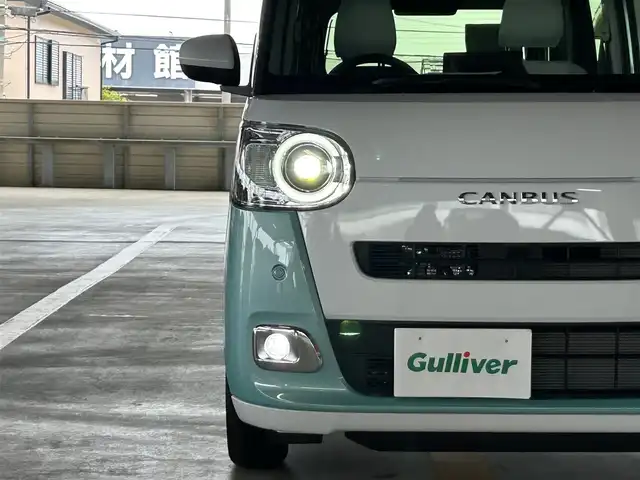 ダイハツ ムーヴ キャンバス ストライプス G ターボ 静岡県 2025(令7)年 0.2万km シャイニングホワイトパール/ファインミントメタリック ターボ車/スマートアシスト/純正９型ディスプレイ/フルセグＴＶ/HDMI/BTオーディオ/ＥＴＣ/バックカメラ/ＡＰＰＬＥＣＡＲＰＬＡＹ/両側電動スライドドア/ＬＥＤヘッドランプ/フォグライト/追従クルーズコントロール/ディズニー仕様シートカバー/ホットカップホルダー/純正フロアマット/スマートキー2本