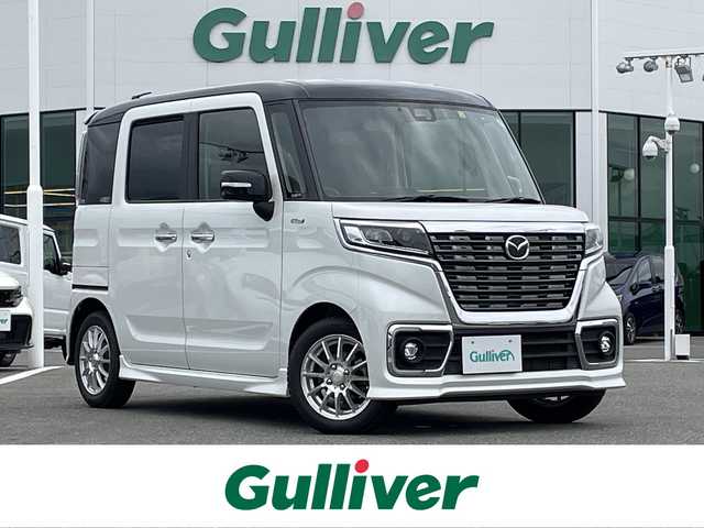 マツダ フレアワゴン 佐賀県 2018(平30)年 6.9万km パール ８インチメモリナビ/・フルセグTV/CD/DVD/SD/USB/Bluetooth/ビルトインETC/両側パワースライドドア/パドルシフト/ハーフレザーシート/ISOFIX対応/後席用サイドサンシェード/革巻きステアリング/ステアリングリモコン/社外14インチアルミホイール/純正LEDヘッドライト/純正LEDフォグライト/取扱説明書/スペアキー１本/車線逸脱警報システム/衝突被害軽減ブレーキ/パーキングセンサー(後方のみ)