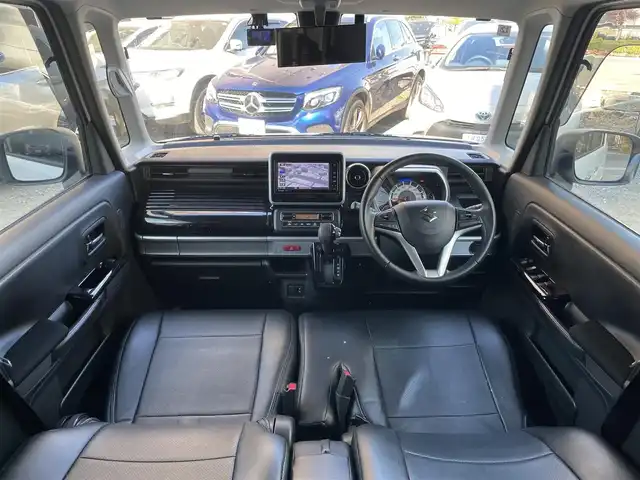 スズキ スペーシア カスタム HYBRID XS ターボ 東京都 2018(平30)年 4.1万km ピュアホワイトパール/ブラック2トーン ターボ/社外メモリナビ(CN-RZ743W)/　(フルセグTV/Bluetooth/DVD/SD/USB)/バックカメラ/ETC/前後ドライブレコーダー/両側パワースライドドア/ハーフレザーシート/D席シートヒーター/レザー調シートカバー/クルーズコントロール/スズキ セーフティ サポート/・デュアルセンサーブレーキサポート/・車線逸脱警報機能/・先行車発進お知らせ機能/・後退時ブレーキサポート/・リヤパーキングセンサー/・誤発進抑制機能/・ふらつき警報機能/・ハイビームアシスト/・後方誤発進抑制機能/横滑り防止装置/パドルシフト/スマートキー/社外14インチアルミホイール/(純正15インチアルミ車載)/純正LEDヘッドライト/カーテンエアバック/スペアキー1本/保証書/取扱説明書